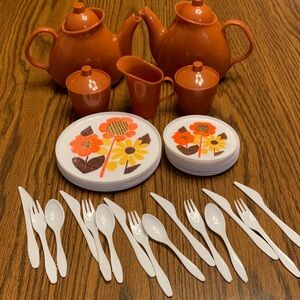 Vintage Floral Orange and Brown Children's Tea Set with White Cutlery